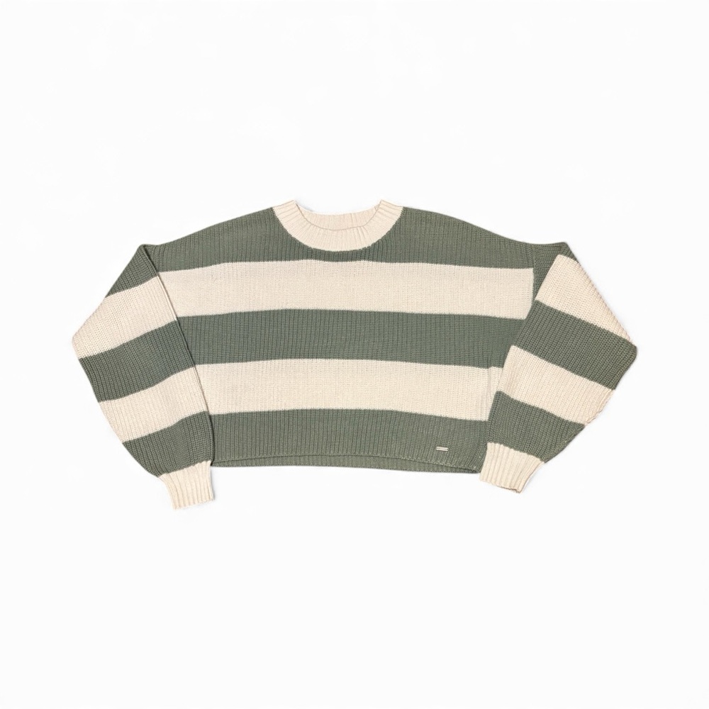 Hollister Green and White Cropped Knit Sweater Size L